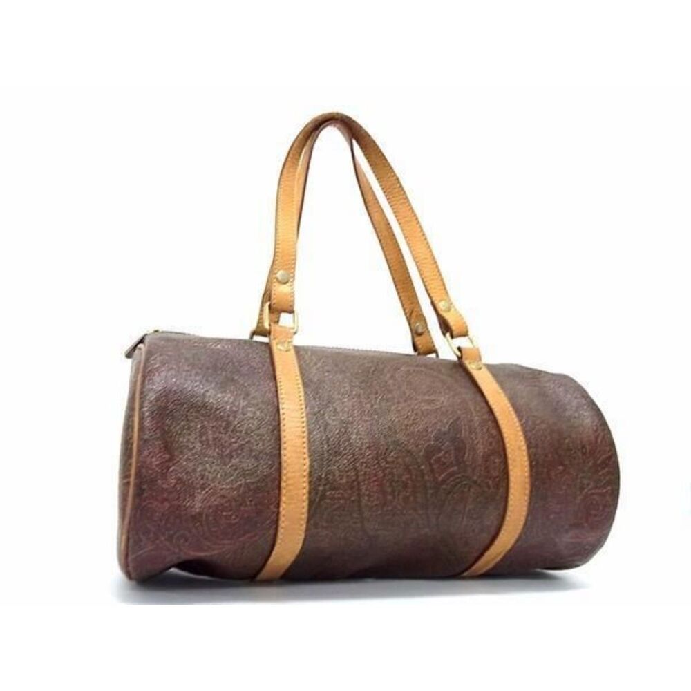 Etro Bordeaux Paisley Barrel Bag Coated Canvas Leather Trim Vintage Y2K Italy